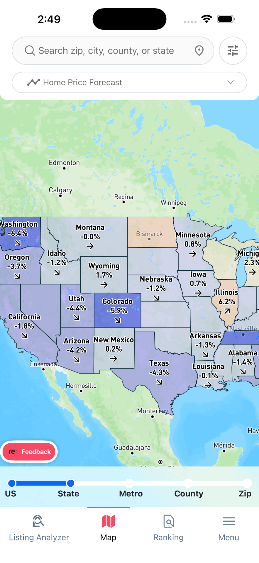 Reventure App heat map showing multiple datapoints across U.S. geographies